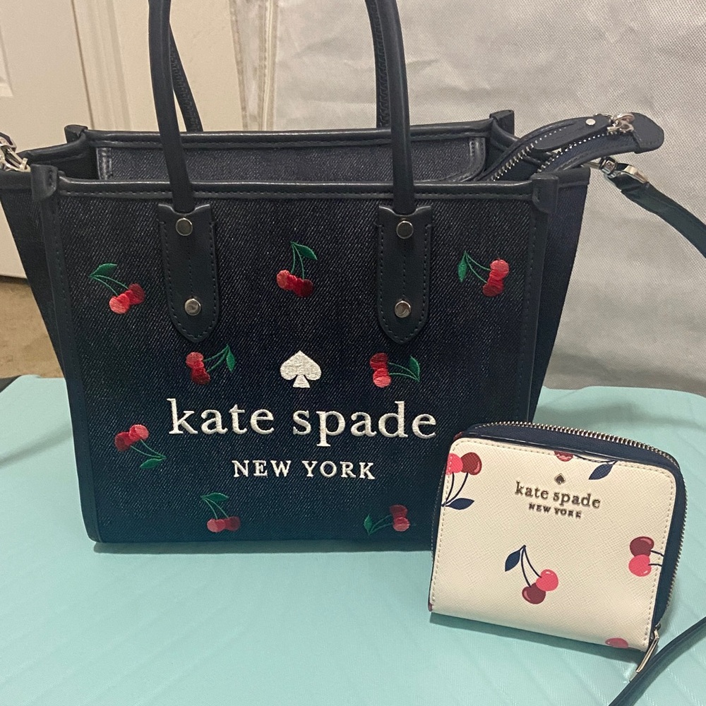 Kate Spade Black Tote with Cherry Design and White Wallet